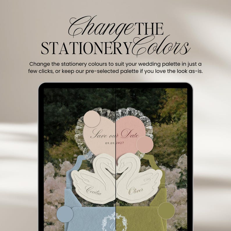 Puede incluir: Una pantalla digital que muestra un dise&ntilde;o de papeler&iacute;a de boda con el texto Change THE STATIONERY Colors. El dise&ntilde;o presenta dos siluetas de cisnes blancos con los nombres Cecilia y Oliver, y una tarjeta en forma de coraz&oacute;n Save our Date fechada 09.09.2027.