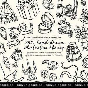 May include: Black and white hand-drawn illustrations of various objects, including a gift box, wedding rings, a scooter, a cake, and dice. The text reads "250+ hand-drawn illustration library."