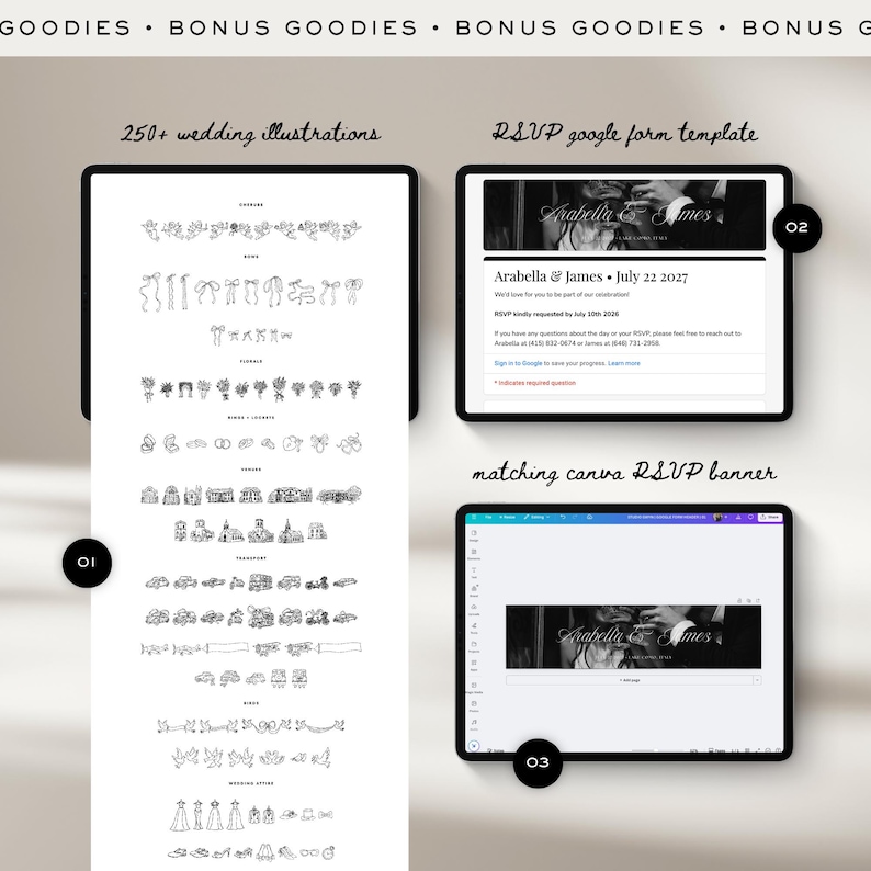 Puede incluir: Una colecci&oacute;n digital de recursos para bodas que incluye una hoja con m&aacute;s de 250 ilustraciones de l&iacute;neas en blanco y negro, una plantilla de formulario de RSVP de Google para Arabella & James y un banner de RSVP de Canva a juego.