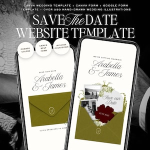 Olive Green & Burgundy Save The Date Wedding Website Template: Classic Floral Envelope Digital Invitation