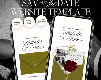 Olive Green & Burgundy Save The Date Wedding Website Template: Classic Floral Envelope Digital Invitation