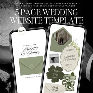 Può includere: Due smartphone che mostrano un modello di sito web di matrimonio. Gli schermi mostrano un design di busta verde salvia con i nomi "Arabella & James" e i dettagli del matrimonio. Il testo in alto recita "5 PAGE WEDDING WEBSITE TEMPLATE".