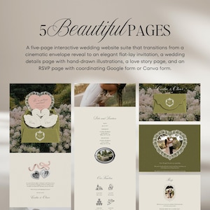 Puede incluir: Un conjunto de sitio web de bodas interactivo de cinco p&aacute;ginas que incluye una revelaci&oacute;n de sobre cinem&aacute;tica, una invitaci&oacute;n elegante, una p&aacute;gina de detalles con ilustraciones dibujadas a mano, una p&aacute;gina de historia de amor y un formulario RSVP.