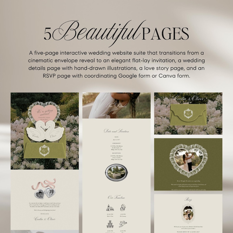 Puede incluir: Un conjunto de sitio web de bodas interactivo de cinco p&aacute;ginas que incluye una revelaci&oacute;n de sobre cinem&aacute;tica, una invitaci&oacute;n elegante, una p&aacute;gina de detalles con ilustraciones dibujadas a mano, una p&aacute;gina de historia de amor y un formulario RSVP.