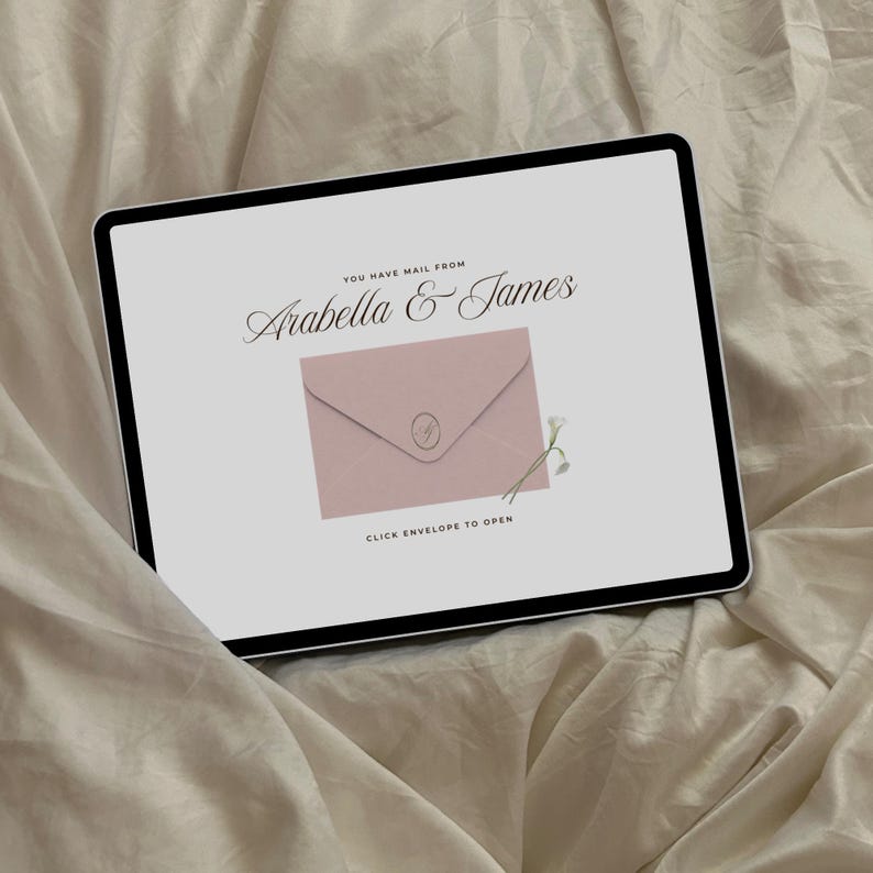 Pink & Green Wedding Website Template with RSVP: Classic Floral Envelope Digital Invitation 画像 3