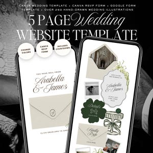 Puede incluir: Una plantilla de sitio web de boda digital que se muestra en dos teléfonos inteligentes. La plantilla incluye un formulario RSVP, una función de cuenta regresiva y más de 250 ilustraciones dibujadas a mano. El diseño presenta los nombres "Arabella & James" y el texto "5 PAGE Wedding WEBSITE TEMPLATE".