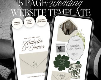 May include: A digital wedding website template displayed on two smartphones. The template includes a RSVP form, countdown feature, and over 250 hand-drawn illustrations. The design features the names "Arabella & James" and includes the text "5 PAGE Wedding WEBSITE TEMPLATE".