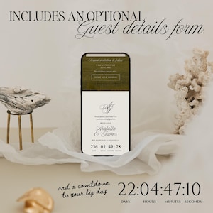 May include: A smartphone displays a wedding invitation with the names Arabella & James, a countdown timer, and the text "Guest details form." The invitation includes the location, Lake Como, Italy, and the date 11.01.2027.
