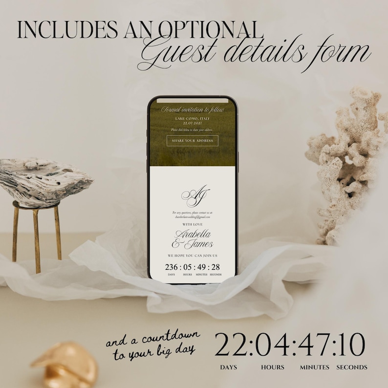 May include: A smartphone displays a wedding invitation with the names Arabella & James, a countdown timer, and the text "Guest details form." The invitation includes the location, Lake Como, Italy, and the date 11.01.2027.