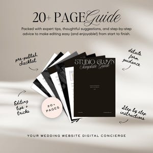 K&ouml;nnte beinhalten: Ein digitaler Leitfaden mit &uuml;ber 20 Seiten namens Studio Gwyn Template Guide, mit schwarzem Einband und wei&szlig;em Text. Das Dokument enth&auml;lt eine Checkliste, Bearbeitungstipps, Formularanleitungen und Schritt-f&uuml;r-Schritt-Anweisungen.