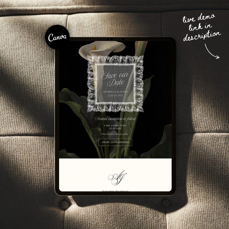 Puede incluir: Una tableta digital que muestra un dise&ntilde;o de invitaci&oacute;n de boda. La invitaci&oacute;n presenta el texto "Save our Date" dentro de un marco decorativo, junto con nombres y una fecha. El dise&ntilde;o incluye elementos florales y el logotipo de Canva.