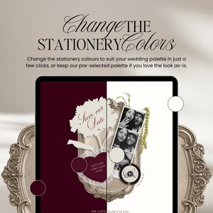 May include: A digital display showing a wedding stationery design with a split-screen color effect. The text reads Change THE STATIONERY Colors, Save our Date, 22.07.2027 LAKE COMO ITALY, and TAP TO PLAY. It features a photo strip and floral graphics.