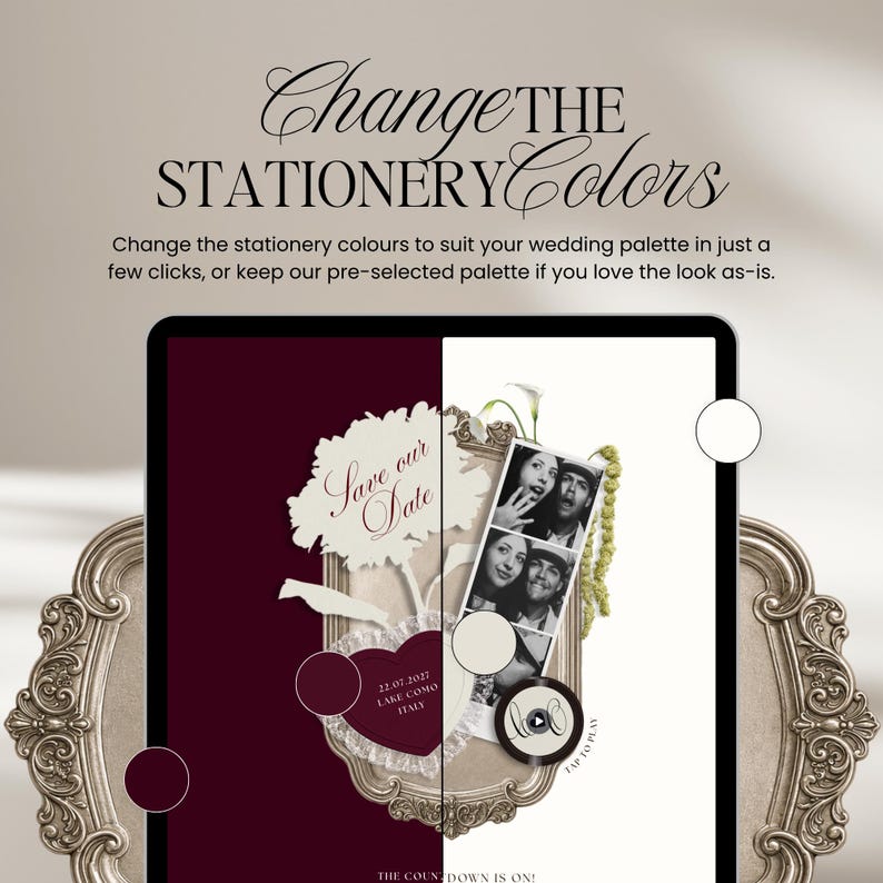 May include: A digital display showing a wedding stationery design with a split-screen color effect. The text reads Change THE STATIONERY Colors, Save our Date, 22.07.2027 LAKE COMO ITALY, and TAP TO PLAY. It features a photo strip and floral graphics.