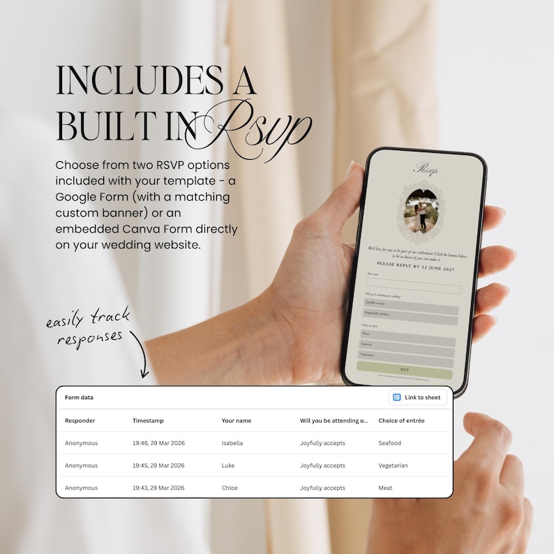 Puede incluir: Una plantilla digital de confirmaci&oacute;n de asistencia a una boda en la pantalla de un tel&eacute;fono, con un banner personalizado y campos de formulario. Una tabla de datos muestra ejemplos de respuestas con nombres, fechas y opciones de men&uacute;.