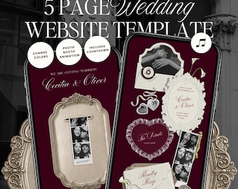 May include: A 5-page wedding website template for Canva featuring a deep burgundy background with ornate gold frames, photo booth strips, and hand-drawn illustrations. The text includes CANVA WEDDING TEMPLATE, BUILT IN RSVP FORM, and OVER 250 HAND-DRAWN WEDDING ILLUSTRATIONS.