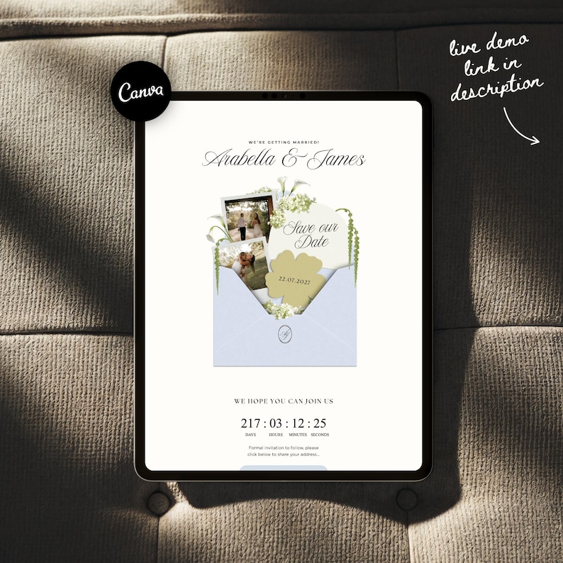 May include: A digital wedding invitation on a tablet, featuring the names Arabella & James. The design includes a light blue envelope with photos, a gold clover, and the text "Save our Date". The countdown timer shows 217 days, 3 hours, 12 minutes, and 25 seconds.