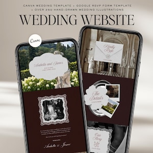 May include: Two smartphones displaying a wedding website template. The screens show a dark brown background with white text and images. One screen features a wedding photo and details, while the other highlights RSVP and story sections. Text includes "Wedding Website" and "Arabella and James."