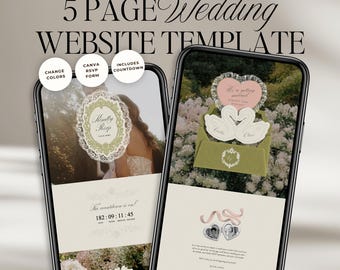 Old Money Wedding Website Template with RSVP: Classic Heirloom Swan Lace Digital Invitation in Green & Pink