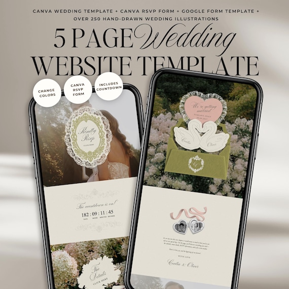 Old Money Wedding Website Template with RSVP: Classic Heirloom Swan Lace Digital Invitation in Green & Pink