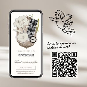 May include: A smartphone screen displays a digital wedding save the date invitation featuring a photo strip, a countdown timer, and the text "Save our Date," "THE COUNTDOWN IS ON!," and "Formal invitation to follow." A QR code is positioned to the right.