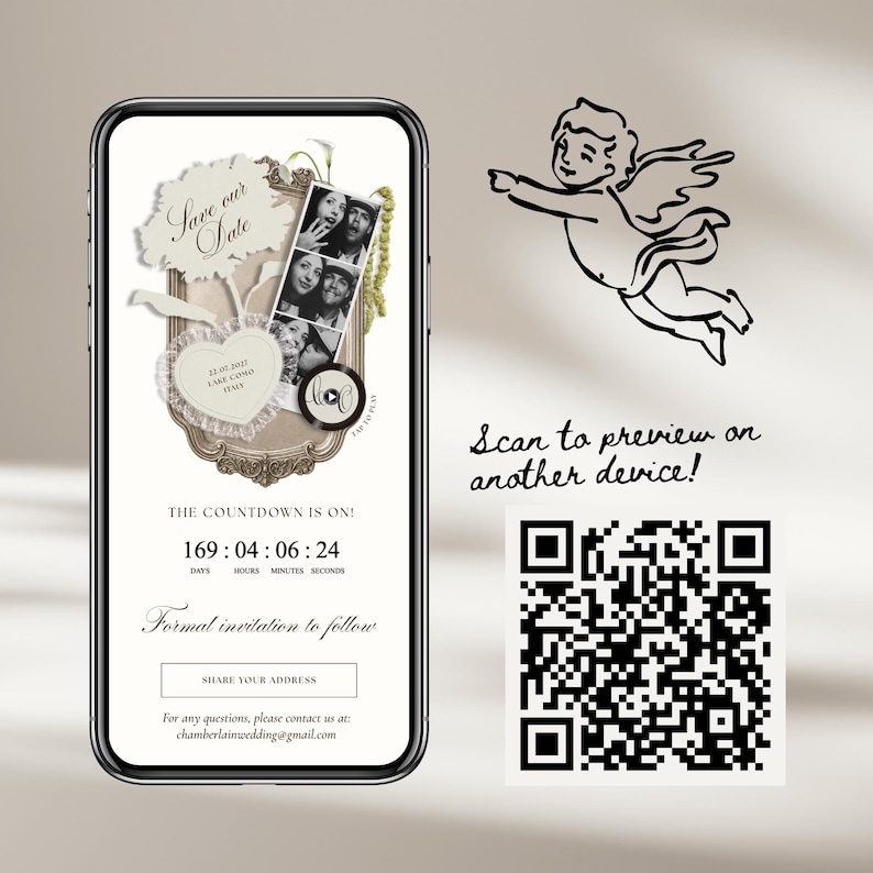 May include: A smartphone screen displays a digital wedding save the date invitation featuring a photo strip, a countdown timer, and the text "Save our Date," "THE COUNTDOWN IS ON!," and "Formal invitation to follow." A QR code is positioned to the right.