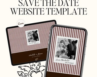Save The Date Wedding Website Canva Template: Burgundy Stripe, Timeless, Polaroid, Classic Digital Invitation