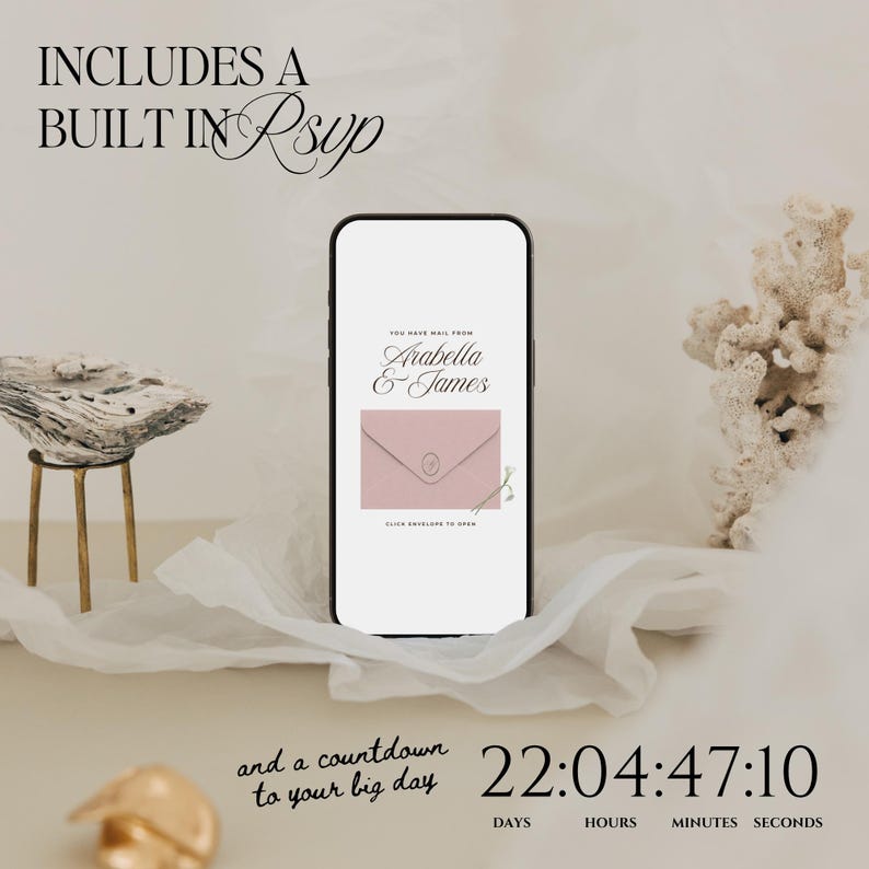 Pink & Green Wedding Website Template with RSVP: Classic Floral Envelope Digital Invitation 画像 14