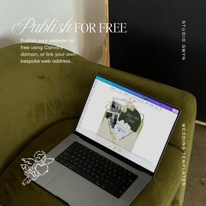 May include: A laptop displaying a wedding invitation template on a green velvet chair. The screen shows a "Save the Date" card design. Text on the screen reads "Publish for Free". The image also includes the text "STUDIO GWYN" and "WEDDING TEMPLATES".