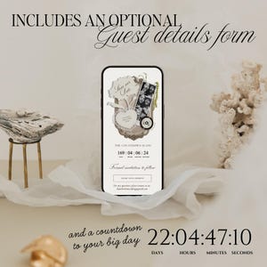 May include: A smartphone screen displays a digital wedding save the date invitation featuring a photo strip, a heart-shaped graphic, and a countdown timer showing 169 days, 04 hours, 06 minutes, and 24 seconds. Text includes Includes an optional Guest details form.