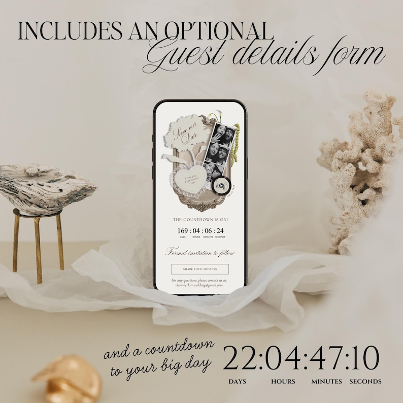 May include: A smartphone screen displays a digital wedding save the date invitation featuring a photo strip, a heart-shaped graphic, and a countdown timer showing 169 days, 04 hours, 06 minutes, and 24 seconds. Text includes Includes an optional Guest details form.