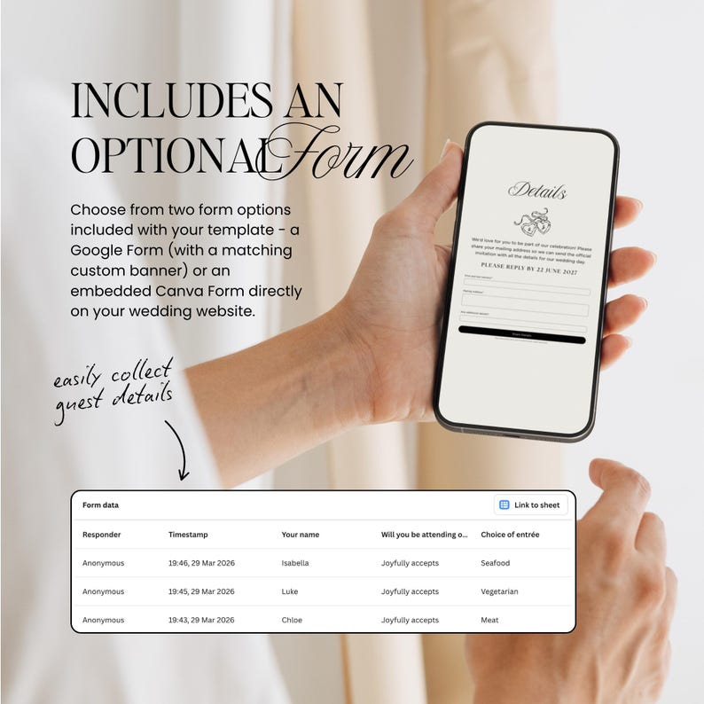 Puede incluir: Un tel&eacute;fono inteligente muestra un formulario de detalles de boda con campos para el nombre y la confirmaci&oacute;n de asistencia. La imagen incluye el texto: "INCLUDES AN OPTIONAL Form" y "easily collect guest details." Una hoja de c&aacute;lculo muestra las respuestas de los invitados, incluyendo las opciones de men&uacute;.