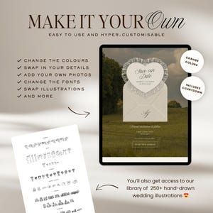 May include: A digital wedding invitation design on a tablet screen, featuring a heart-shaped "Save the Date" card with lace trim. The design includes customizable options and access to a library of illustrations. Text includes "Make it Your Own".
