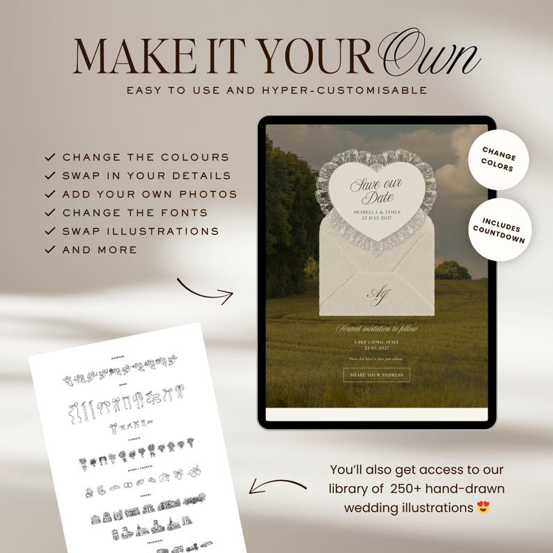 May include: A digital wedding invitation design on a tablet screen, featuring a heart-shaped "Save the Date" card with lace trim. The design includes customizable options and access to a library of illustrations. Text includes "Make it Your Own".