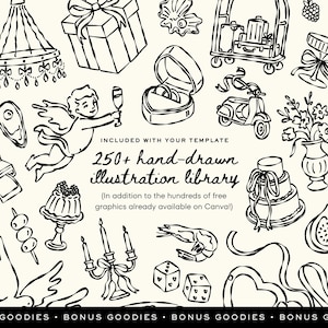 May include: A collection of hand-drawn black and white illustrations, including a gift box, wedding rings, a cherub, a scooter, and a cake. Text reads "250+ hand-drawn illustration library."