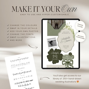 May include: Digital wedding invitation design with the text "MAKE IT YOUR OWN". The design includes a tablet displaying a wedding invitation with the names "Arabella & James", a photo, and floral elements. Includes access to 250+ hand-drawn illustrations.