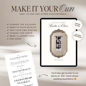 May include: A digital wedding invitation template featuring the text MAKE IT YOUR OWN, EASY TO USE AND HYPER-CUSTOMISABLE. It displays a framed photo strip of a couple, the names Cecilia & Oliver, and a library of 250+ hand-drawn wedding illustrations.