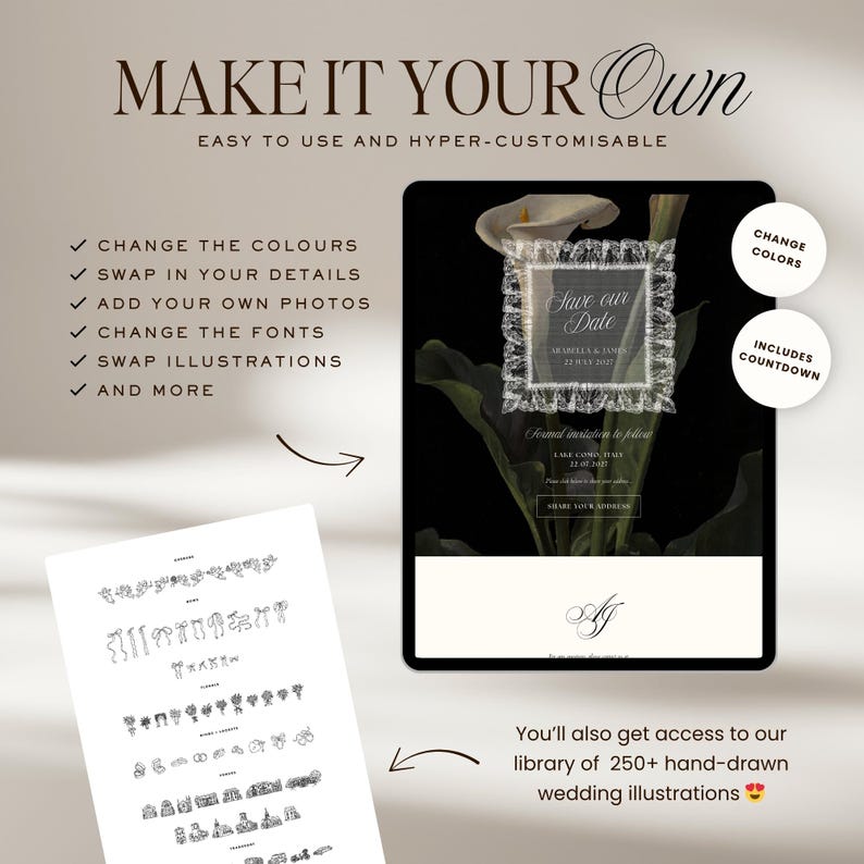 Puede incluir: Un dise&ntilde;o digital de invitaci&oacute;n de boda en una tableta, con el texto "Save our Date". El dise&ntilde;o incluye opciones para cambiar los colores, intercambiar detalles, agregar fotos y cambiar las fuentes. Incluye m&aacute;s de 250 ilustraciones de boda dibujadas a mano.
