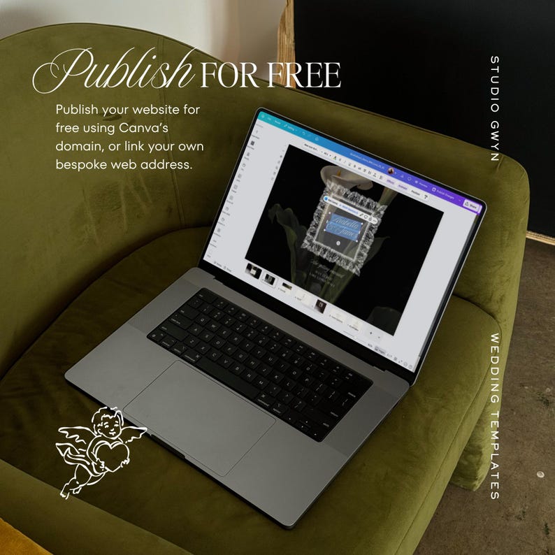 Puede incluir: Un port&aacute;til plateado que muestra una interfaz de dise&ntilde;o de Canva con el texto Publish FOR FREE y Publish your website for free using Canva's domain, or link your own bespoke web address. Un dibujo lineal blanco de un querub&iacute;n con coraz&oacute;n.