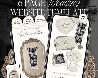 Peut inclure: Un modèle de site web de mariage de 6 pages pour Canva avec formulaire RSVP intégré et plus de 250 illustrations dessinées à la main. L'interface numérique affiche un compte à rebours, des animations photo et des sections personnalisables.
