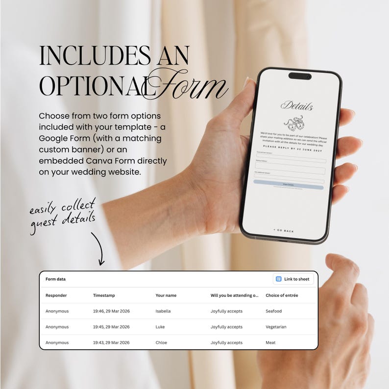 May include: A smartphone displaying a wedding details form is held in a person's hand. The screen shows fields for guest information. Text on the screen reads "Details" and "Please reply by 22 June 2027." The image also includes a form data table.
