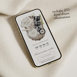 May include: A smartphone screen displaying a digital save the date invitation with a vintage frame, a photo strip of a couple, a heart-shaped graphic, and a countdown timer showing 169 days. Text includes includes 250+ hand drawn illustrations.