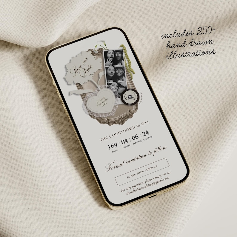 May include: A smartphone screen displaying a digital save the date invitation with a vintage frame, a photo strip of a couple, a heart-shaped graphic, and a countdown timer showing 169 days. Text includes includes 250+ hand drawn illustrations.