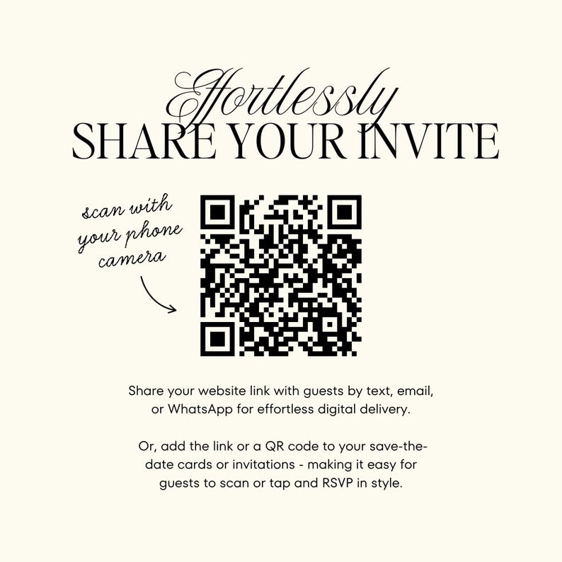 May include: A cream-colored digital invitation card featuring the black text Effortlessly SHARE YOUR INVITE, a central black and white QR code, and the instruction scan with your phone camera. Below, text explains sharing website links via text, email, or WhatsApp.