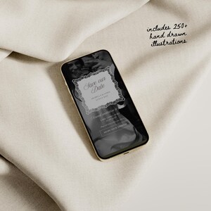May include: A gold smartphone shows a wedding invitation with the text "Save our Date" in a decorative frame. The invitation includes the names Arabella & James and the date 22 July 2027. The image also includes the text "includes 250+ hand drawn illustrations."