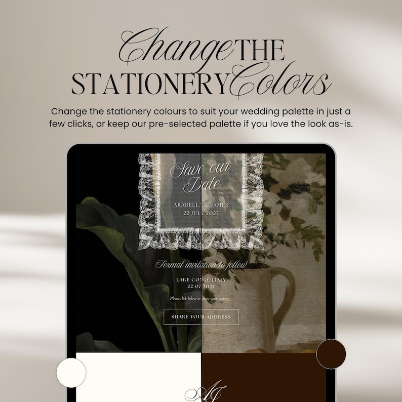 Puede incluir: Una tableta digital muestra un dise&ntilde;o de invitaci&oacute;n de boda con el texto "Save our Date". El dise&ntilde;o presenta un fondo floral y un borde con encaje. El texto "Change the Stationery Colors" est&aacute; en la parte superior.