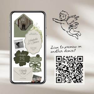 May include: A smartphone screen displays wedding invitation elements. The design includes a green envelope, a photo, and a floral-adorned invitation card with the names "Arabella & James" and the wedding date. A QR code and the text "Scan to preview on another device!" are also visible.