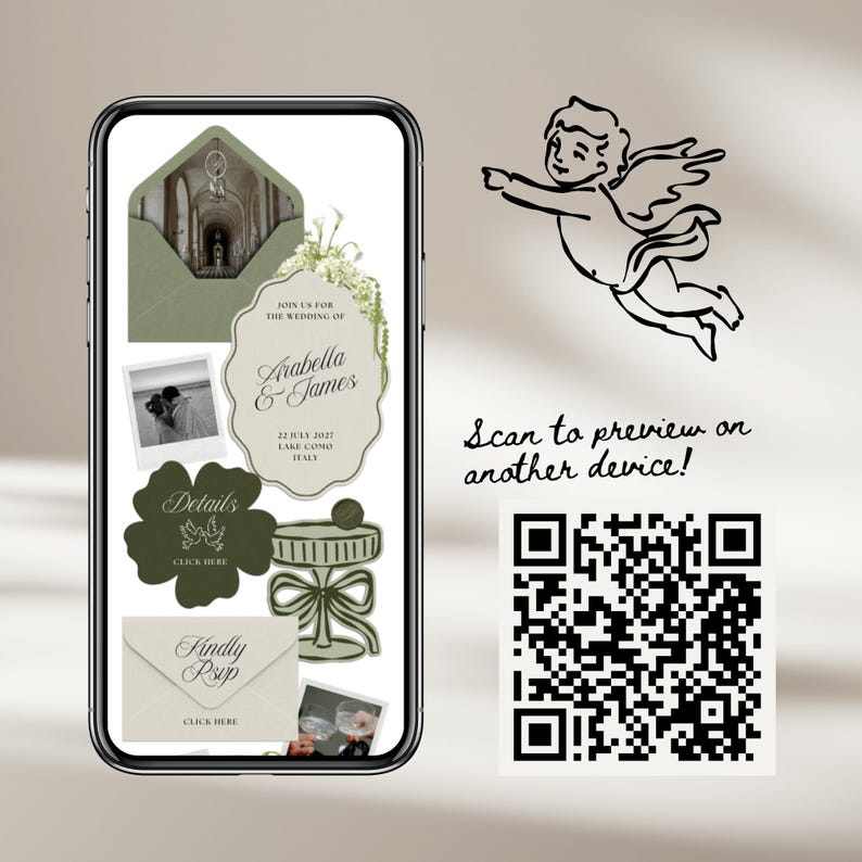 May include: A smartphone screen displays wedding invitation elements. The design includes a green envelope, a photo, and a floral-adorned invitation card with the names "Arabella & James" and the wedding date. A QR code and the text "Scan to preview on another device!" are also visible.