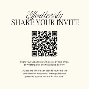 May include: Cream-colored invitation design with the words "Effortlessly Share Your Invite" in elegant script. A black QR code is centered below the text, with additional text below explaining how to share a website link or QR code for RSVPs.