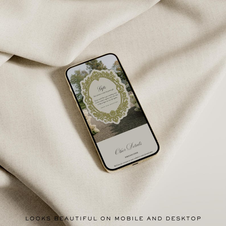 Puede incluir: Un tel&eacute;fono inteligente muestra una invitaci&oacute;n de boda digital con un marco dorado ornamentado. La pantalla incluye texto como Gifts, Other Details y Dresscode. El tel&eacute;fono tiene un marco dorado y est&aacute; sobre una superficie de tela beige.