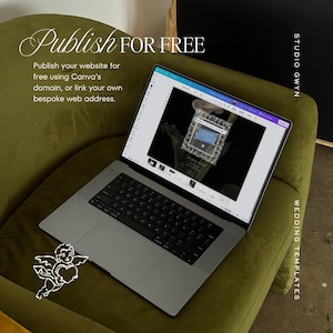 May include: A silver laptop displaying a website design, with the text "Publish for Free." The laptop sits on a green armchair. The image also includes the text "Wedding Templates" and a graphic of an angel holding a heart.